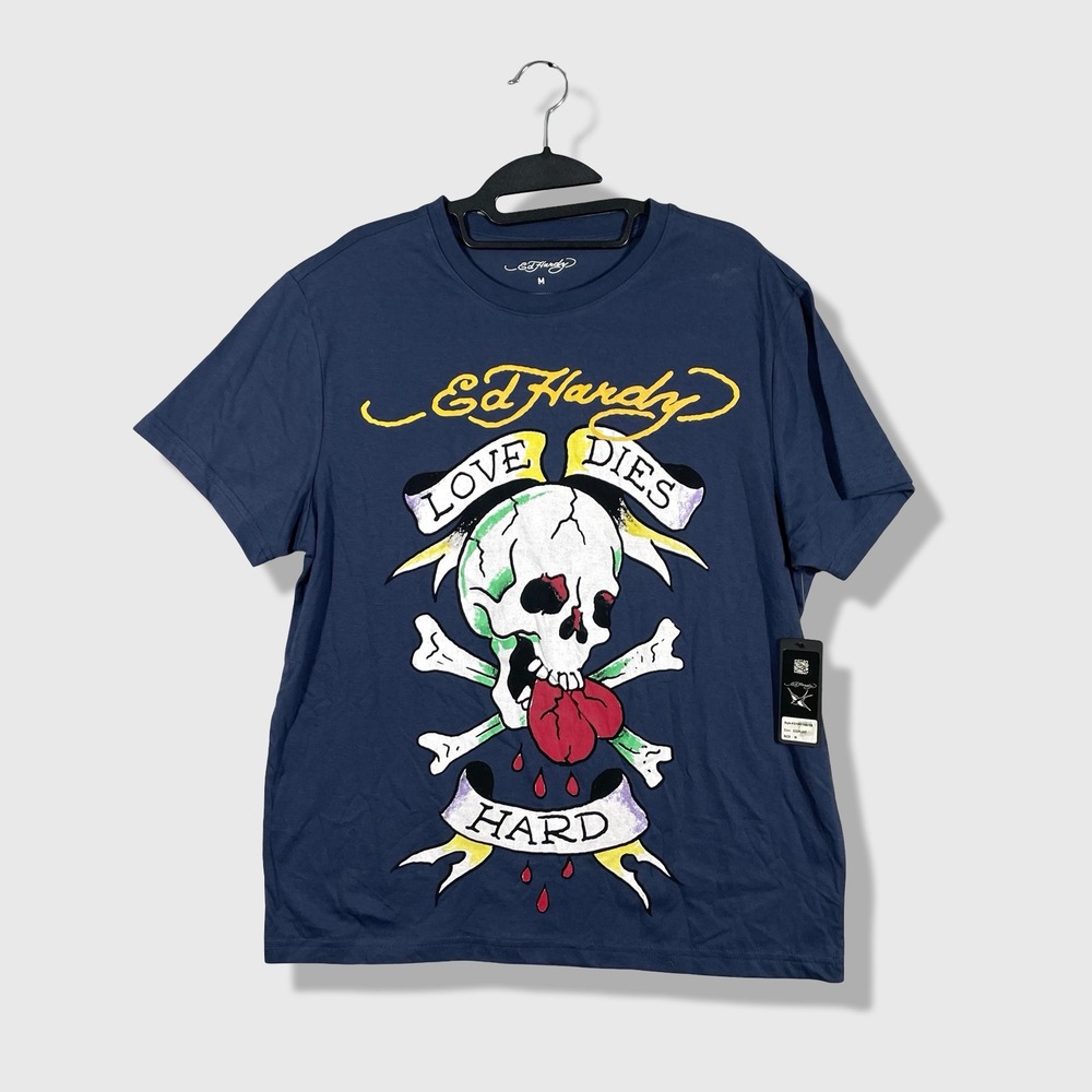 Ed Hardy T-Shirt Mens M Navy Blue Love Dies Hard Skull Tattoo Y2K Street BNWT